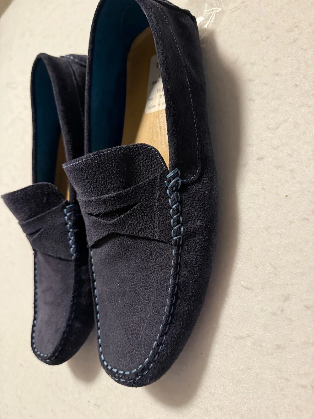 Donald J. Pliner Navy Suede Penny Loafers with Light Blue Stitching